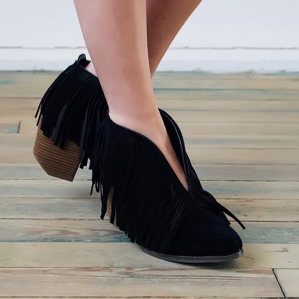 Black fringe booties